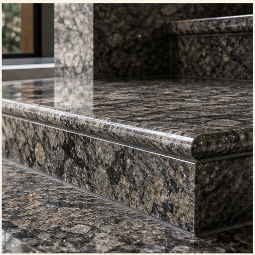 Polished granite architectural surface with a finished stair edge