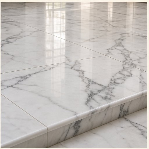 White marble flooring with aligned grey veining and a finished edge