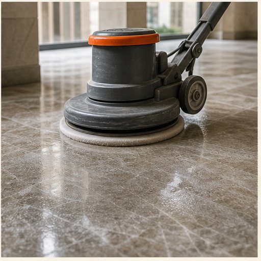 Professional floor polishing machine restoring a natural stone surface