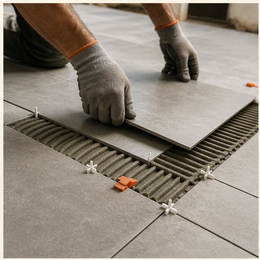 Professional setting a large-format floor tile into combed adhesive